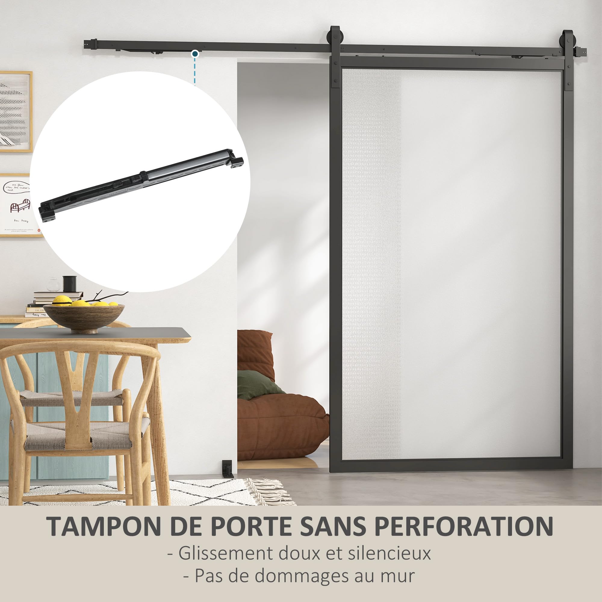 HOMCOM 244 CM quincaillerie de porte coulissante sans perçage kit de rail pour porte de grange simple en acier avec cintre en forme de J - noir