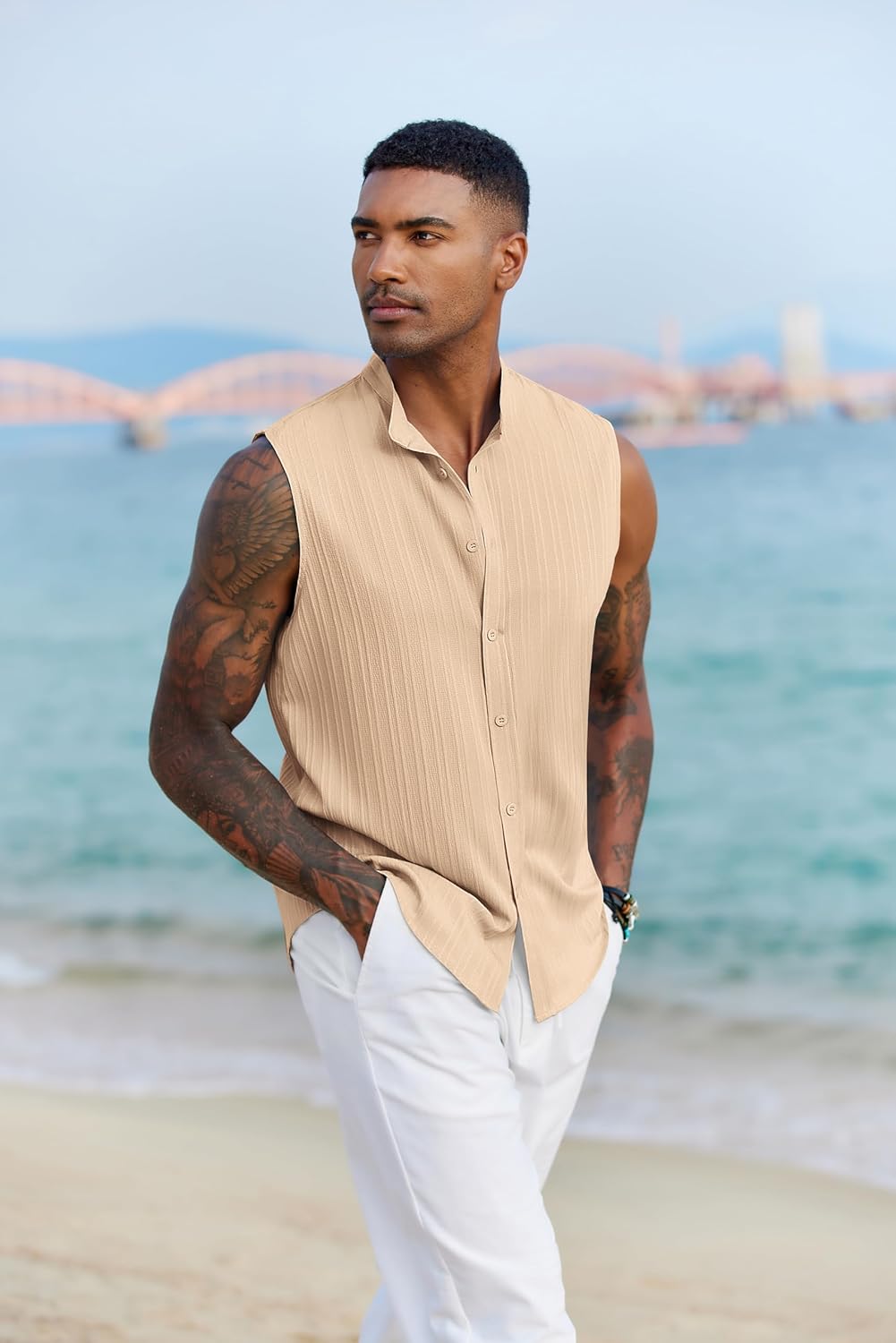 COOFANDY Mens Sleeveless Summer Shirts Beach Tank Tops Button Up Textured Tank Shirt for Vacation - Image 3
