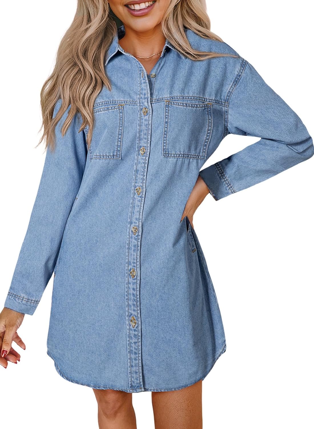 Sidefeel Women's Collared Denim Dress Casual Long Sleeve Button Down Jean Shirt Dresses with Pockets