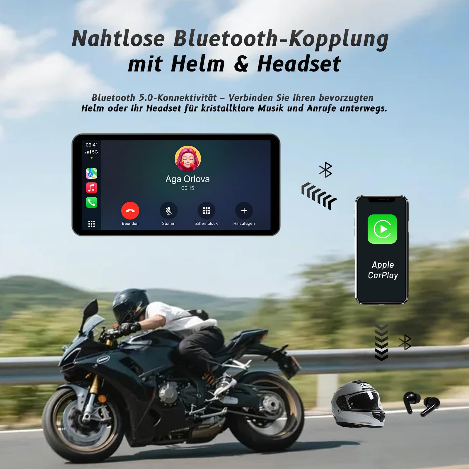 Pantalla inteligente para motocicleta de 6 pulgadas – CarPlay inalámbrico y Android Auto | Control de voz Bluetooth | IP67 impermeable | TPMS | Pantalla táctil HD | Se adapta a la mayoría de