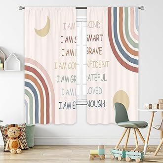 Cinbloo Boho Quotes Curtains 42Wx63H Inch Rod Pocket Kids Curtain Colorful Rainbow Inspirational Motivational Positive Words Moon Sun Girls Living Room Bedroom Classroom Window Drapes Fabric 2 Panels