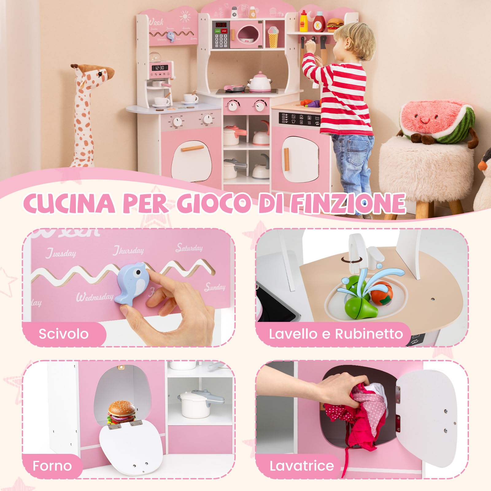 COSTWAY Cucina Giocattolo Angolare con Fornelli e Micronde da Suoni e Luci, Cucina per Bambini in Legno con Macchina Caffè, Lavandelo, Forno e Lavatrice, Set Cucina con Accessori (Rosa)
