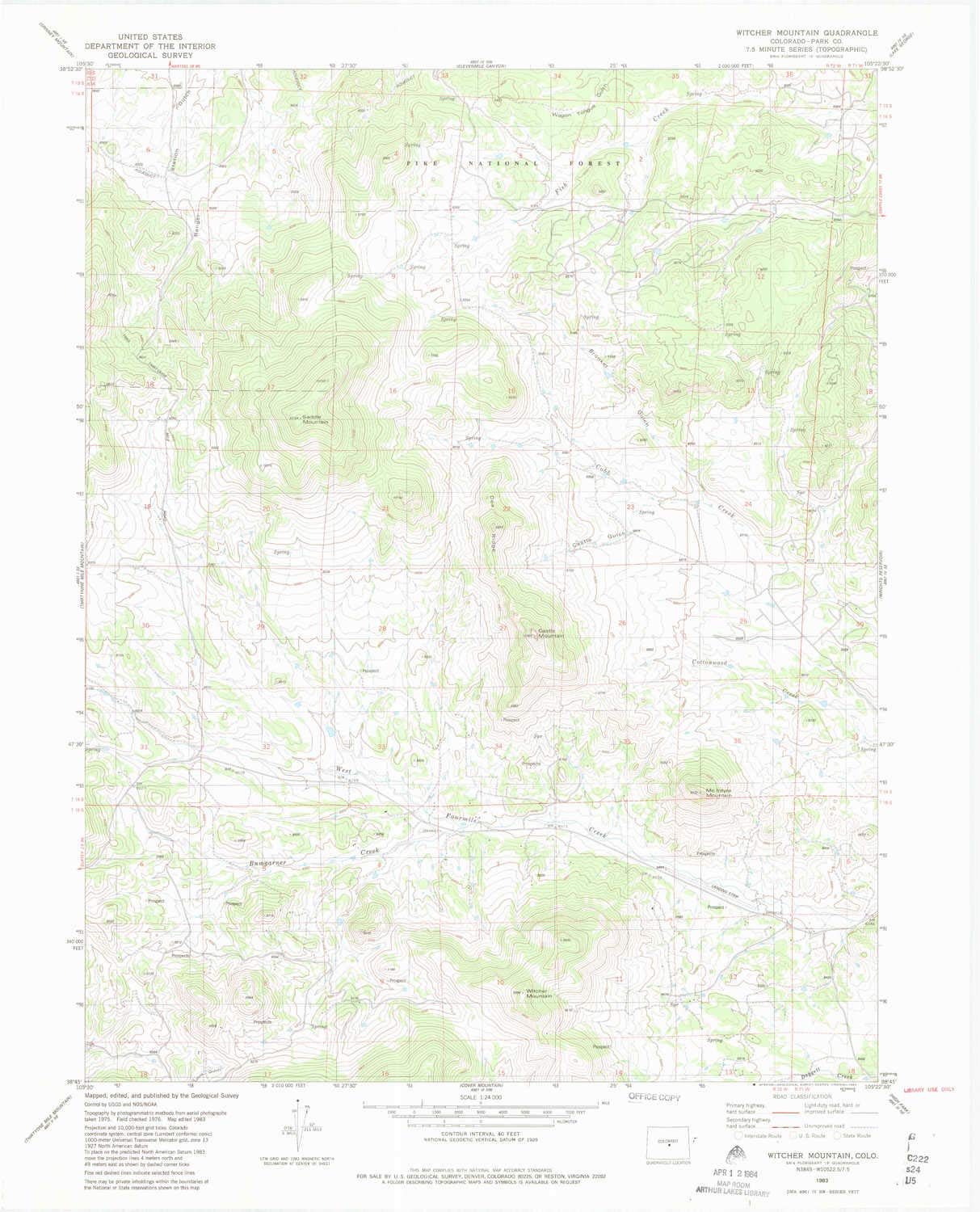 YellowMaps Witcher Mountain CO topo map, 1:24000 Scale, 7.5 X 7.5 Minute, Historical, 1983, Updated 1983, 27.1 x 21.9 in - Tyvek