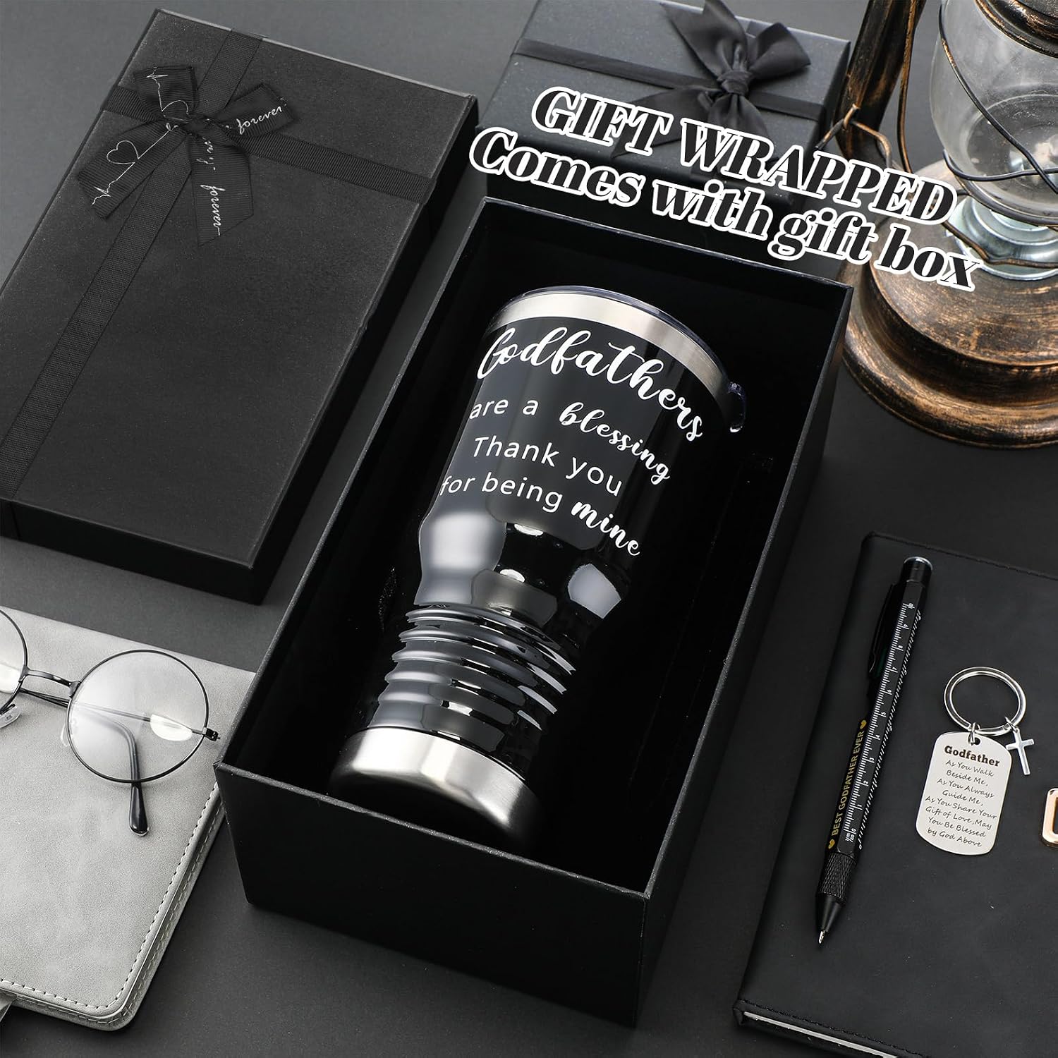 Godfather Gifts for Men | 20oz Stainless Steel Tumbler Set | Christian Father's Gifts from Godchild | 9 in 1 Multitool Pen & Religious Keychain | Godfather Proposal Baptism Presents