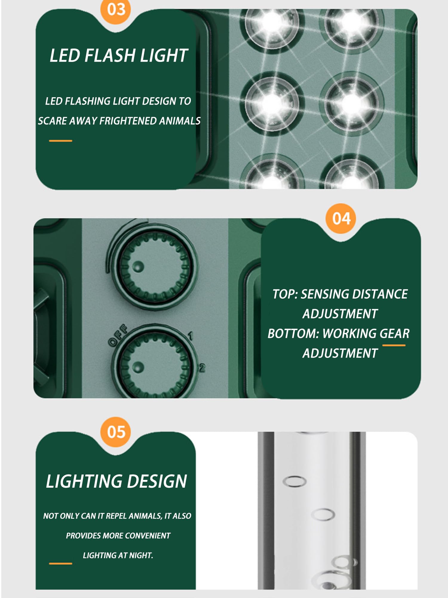 Répulsif pour animaux avec charge solaire, capteur de lumière rouge, lampe torche LED, 4 niveaux réglables, portée de 8 à 12 mètres pour éloigner les vergers, les cours, les villas, les fermes