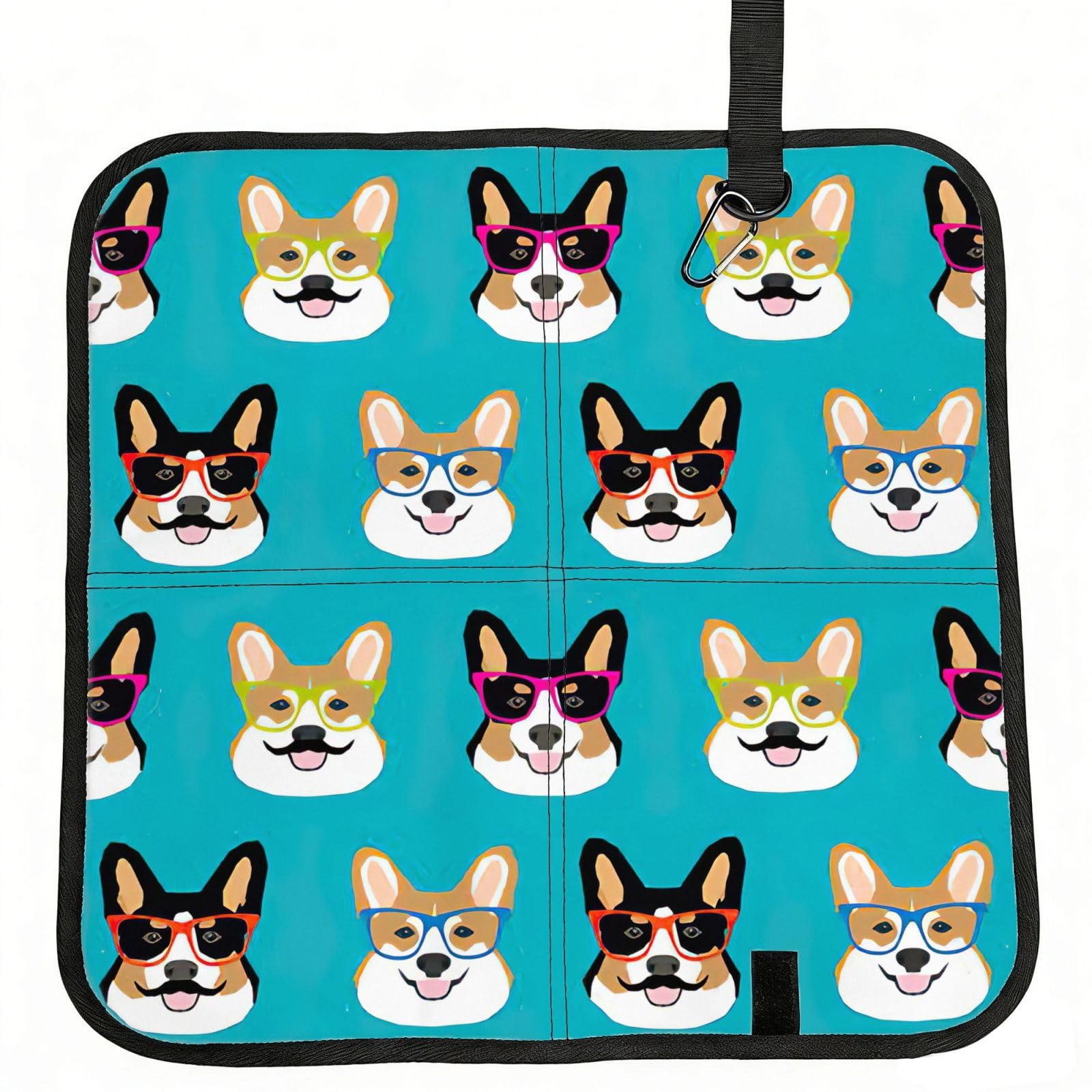 SDEGTHO Cute Corgi Glasses and Mustaches Printed Foldable Seat Pad with Closure, Lightweight Cushion for Airplane Travel Camping