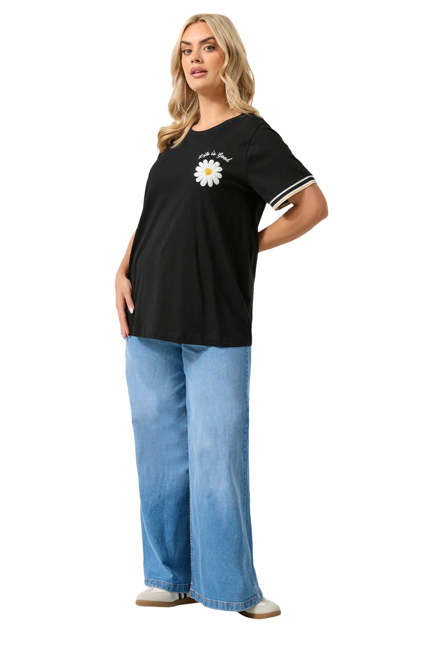 Yours Women's Black Daisy Varsity Trim T-Shirt In | Size: 20