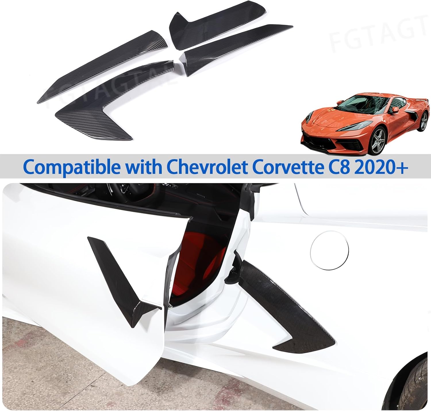 Exterior Body Side Air Outlet Cover Trim Compatible with Chevrolet Corvette C8 2020-2026, Side Fender Vent Door Trim Cover, ABS Car Door Body Decoration Accessories 4Pcs (Carbon Fiber Pattern Black)