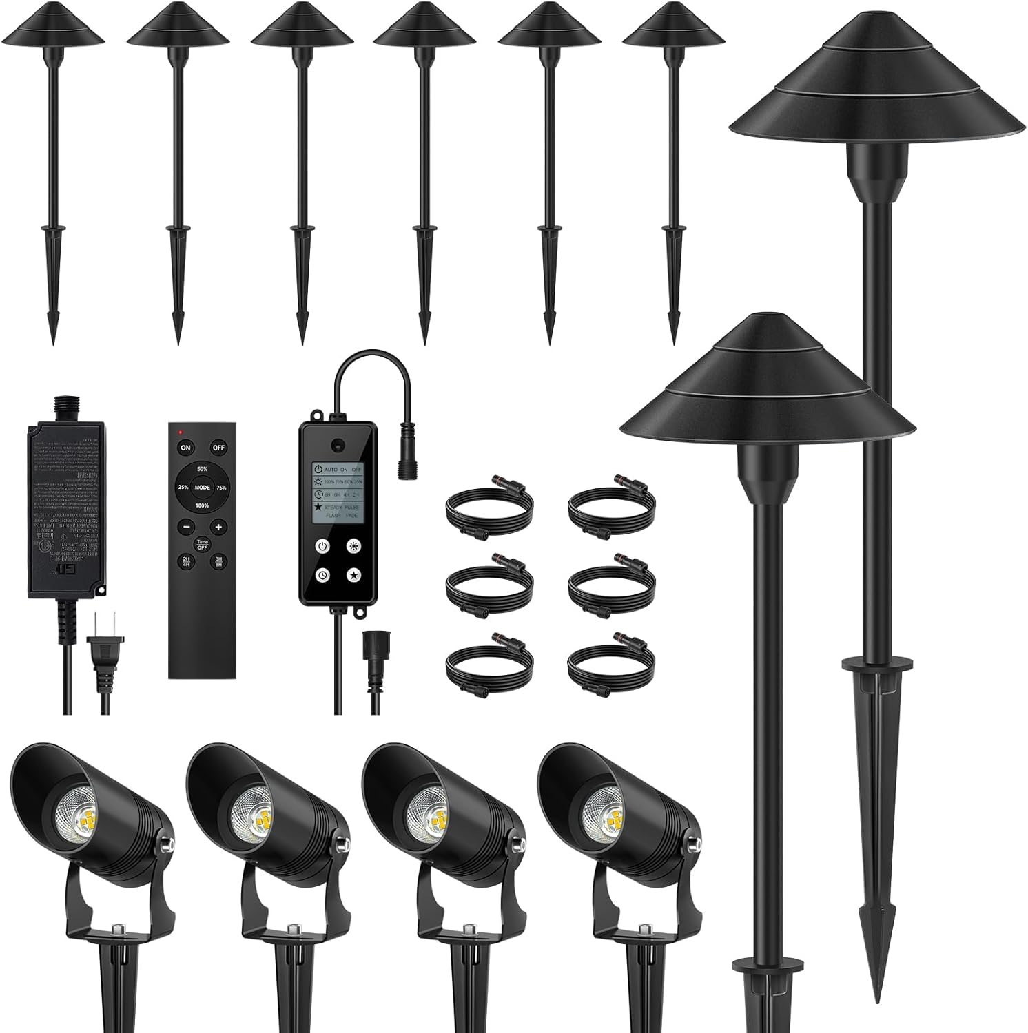 Low Voltage Landscape Lighting, 60W 12-24V Controller, Aluminum Lights, 8 Path Lights + 4 Spotlights, 5W 3000K Outdoor Yard Lights with Sensor, Timer & Remote, Waterproof, Plug and Play