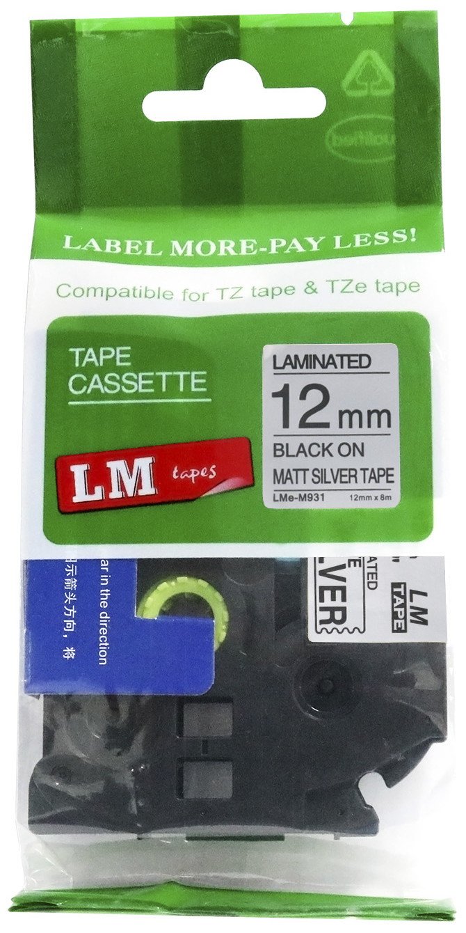 LM Tapes - Premium 1/2" Black Print on Matte Silver Label (12mm 0.47 Laminated) Compatible with Brother TZe-M931 P-Touch Tape and Comes with a Great