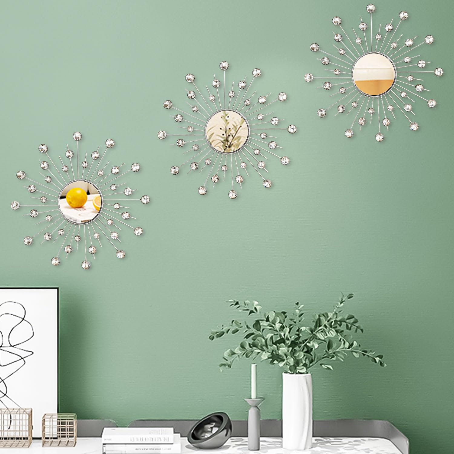 Uaussi Kristall-Sonnenspiegel, Dekoration, Strass-Spiegel, dekorative Wandkunst für Wohnzimmer, Schlafzimmer, Eingangsbereich, 3 Stück (Kristalle, Silber)