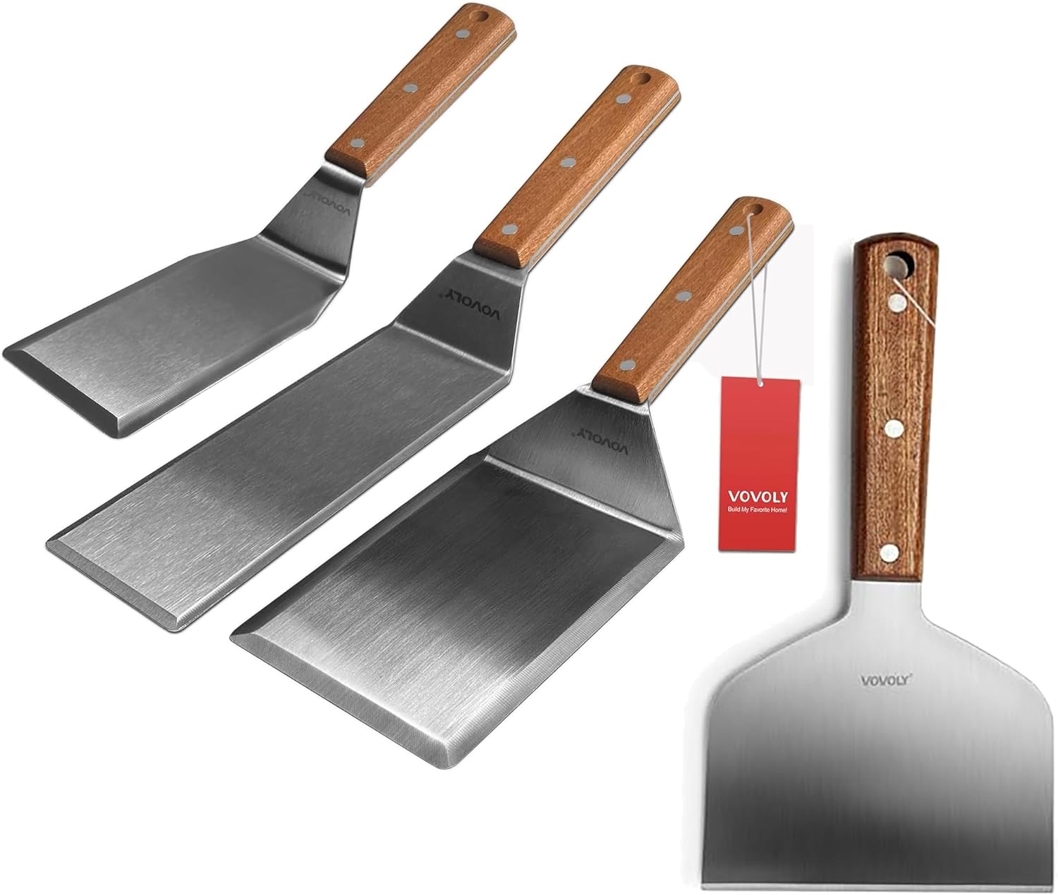 Metal Spatula Set and Stainless Steel Scraper Bundle for Griddle/Grilling, Thick Blade and Full Tange Wooden Handle