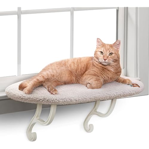 K&H Pet Products Kitty Sill Cat Window Perch for Large Cats, Orthopedic Window Hammock Bed Holds 40LBS, Washable Cover, Kitty Windowsill Bed Seat for Indoors - Cream Fleece, Unheated, 14 X 24in