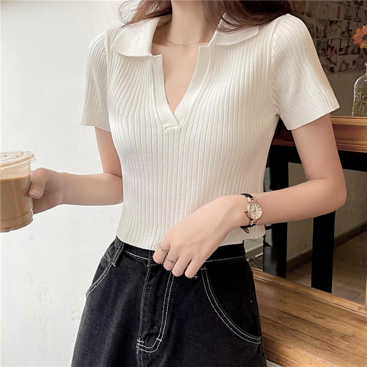Hyipels Women Knit Crop Polo Shirts,Summer Short Sleeve Ribbed Collared T-Shirt Solid Fitted V Neck Tops - Image 6