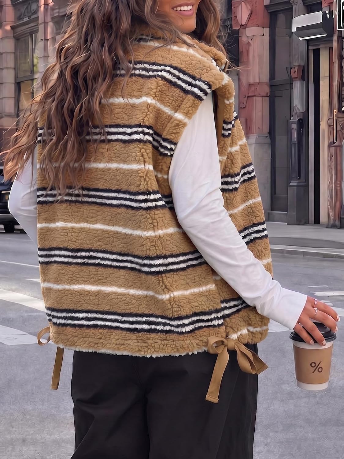 Fisoew Womens Fuzzy Fleece Vest Casual Striped Sleeveless Sherpa Jackets