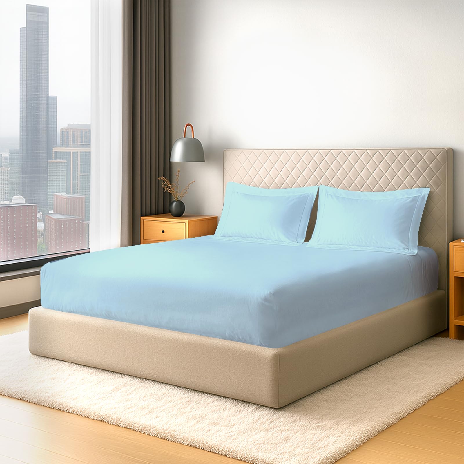 Pizuna Pure Cotton 600 Thread Count Double Fitted Sheet with 2 Pillowcases, Baby Blue 100% Long Staple Cotton, Soft Sateen Weave 40 cm Deep Fitted Sheets Double Bed โ image 1
