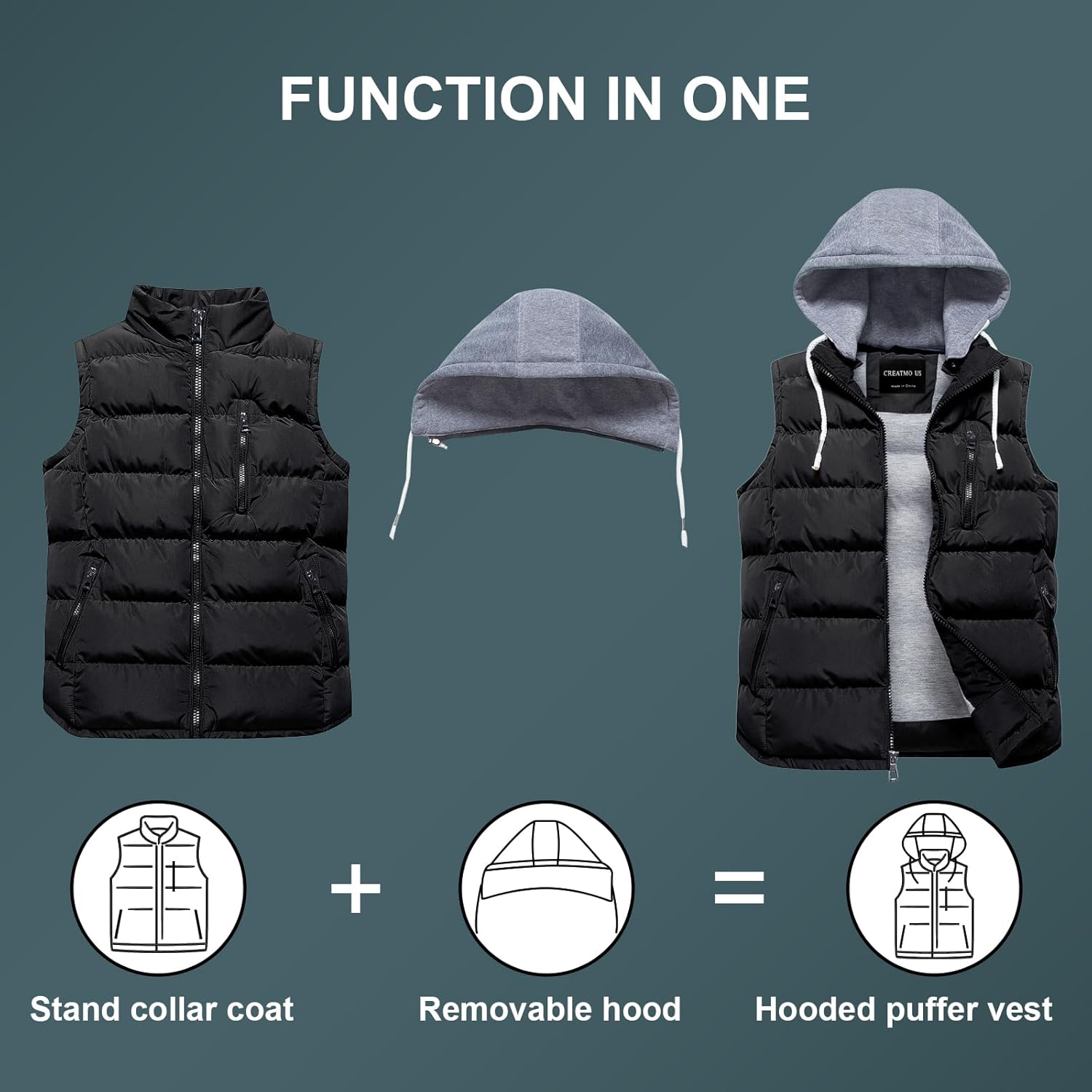 CREATMO US Men's Outdoor Winter Vest Outerwear Removable Hooded Padded Puffer Sleeveless Vest - Image 4