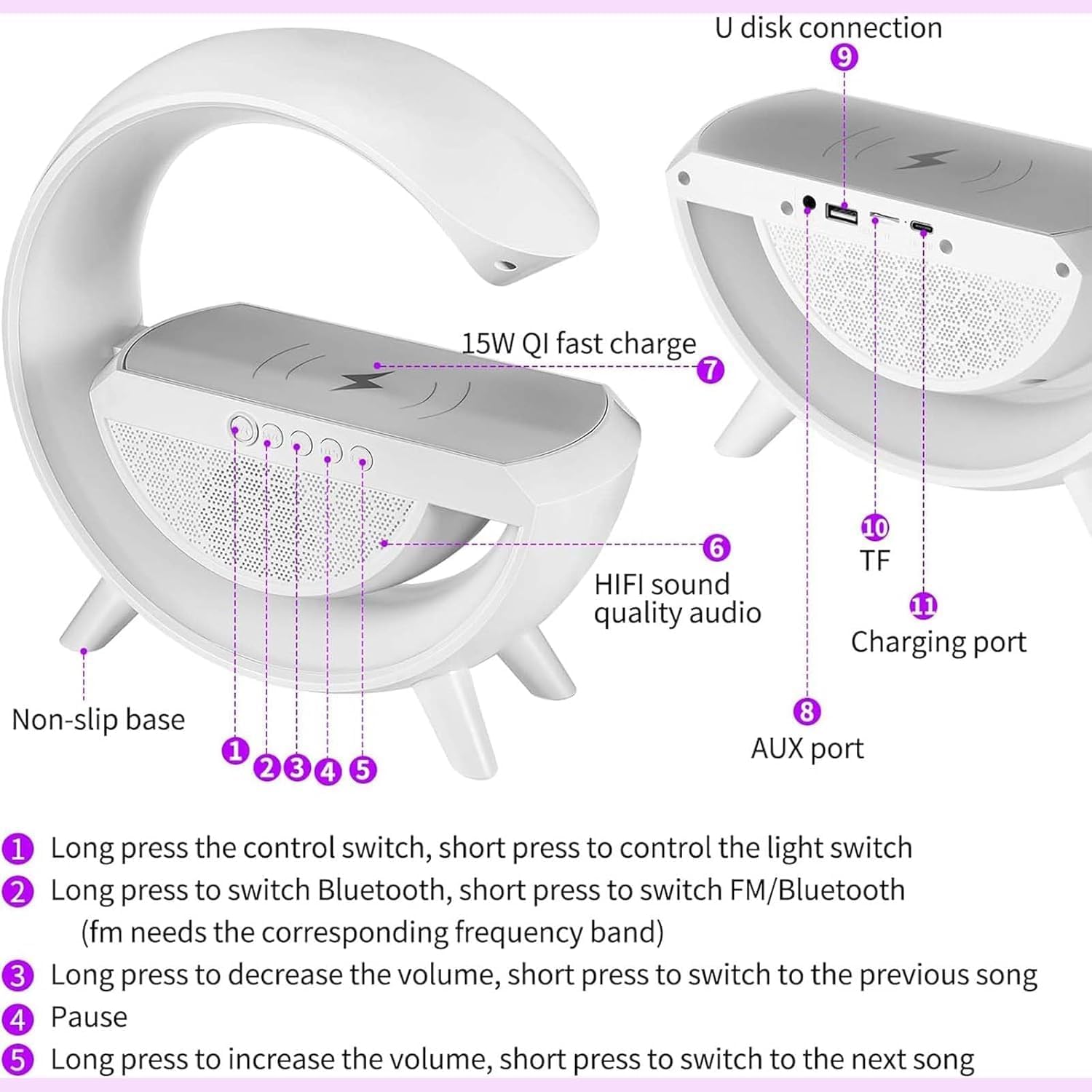Table Lamp with Bluetooth Speaker, G Bedside Lamp with 15W Wireless Charger, Atmosphere Desk Lamp with Alarm Clock, RGB Bedside Nightstand Lamp, Hi-Fi Sound, Time Display - Image 6