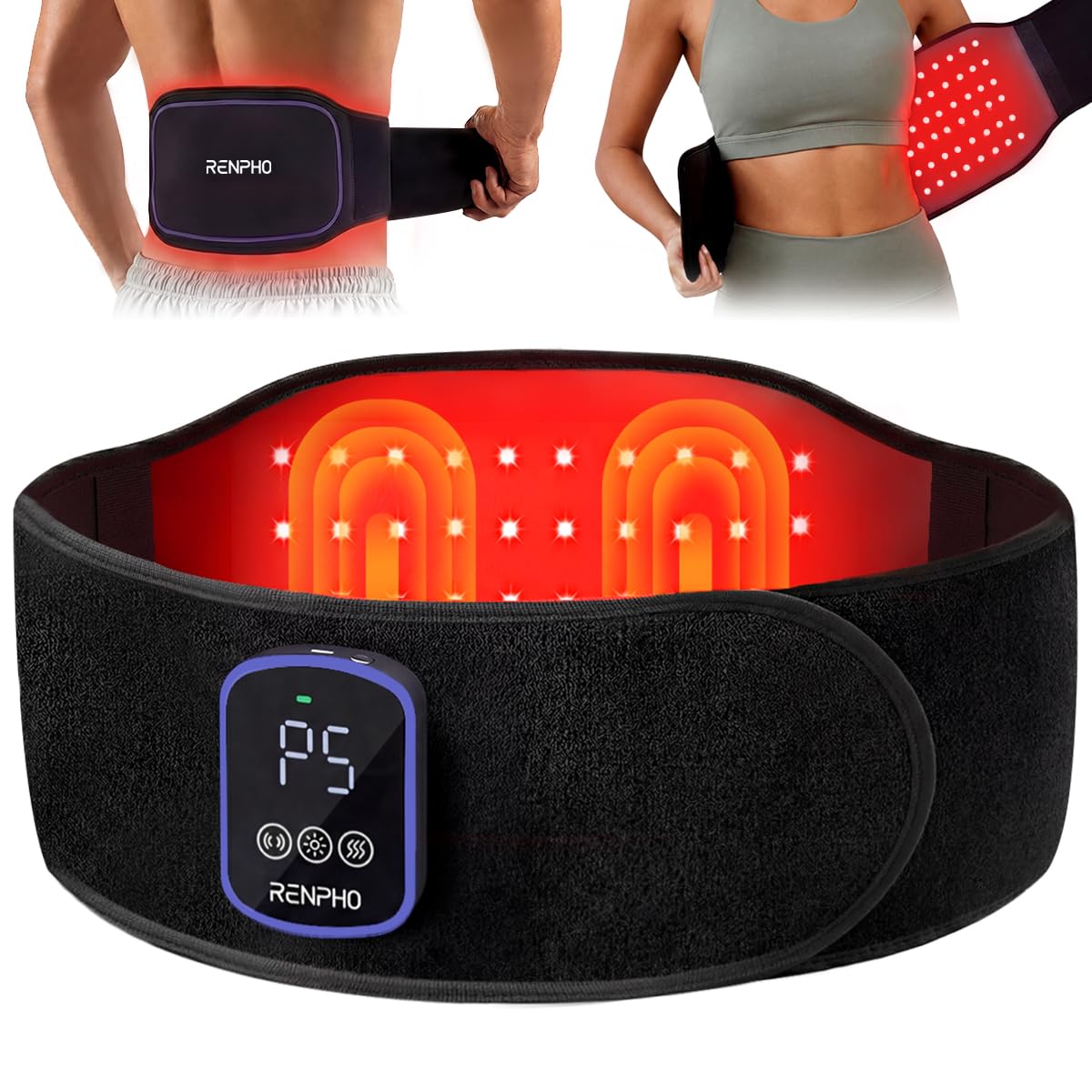 RENPHO Cordless Heating Pad for Back Pain Red Light Therapy Belt for Low Back Waist Shoulder Sweatproof TPU