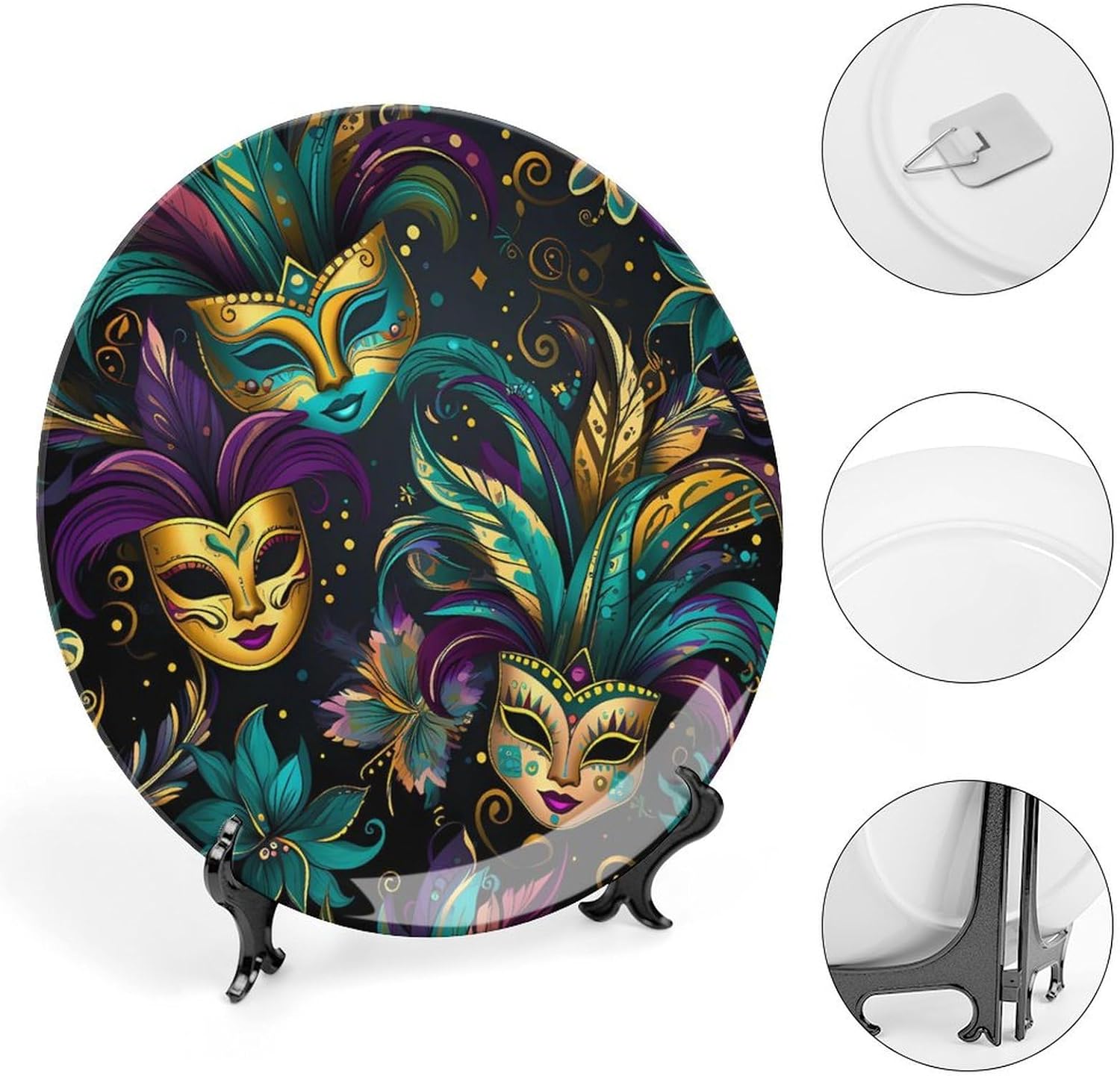 St. Patrick's Day Mardi and Gras Masks Ceramic Decorative Plates for Display Ornaments Dinner Plates with Stand for Kitchen Home Decor