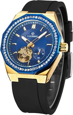 Mens Automatic Mechanical Watch, Skeleton Tourbillon, Diamond Bezel, Waterproof Luxury Dress Wristwatch for Men, Stainless Steel/Silicone Band, Ideal Gift for Him