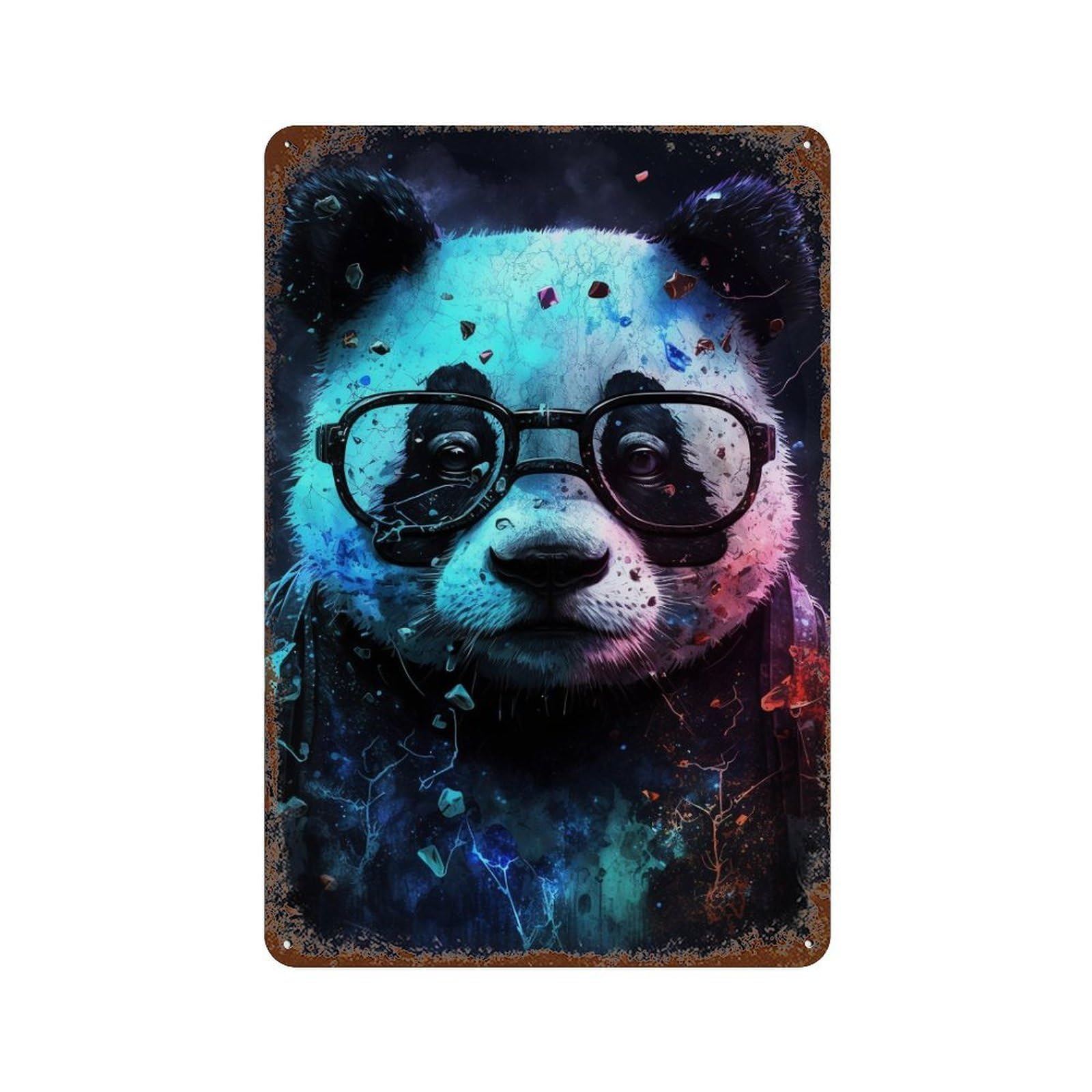 Colorful Panda with Glasses -3 Rusty Metal Tin Sign 11.8"x7.9", Old School Wall Decor for Garage, Pub Or Kitchen