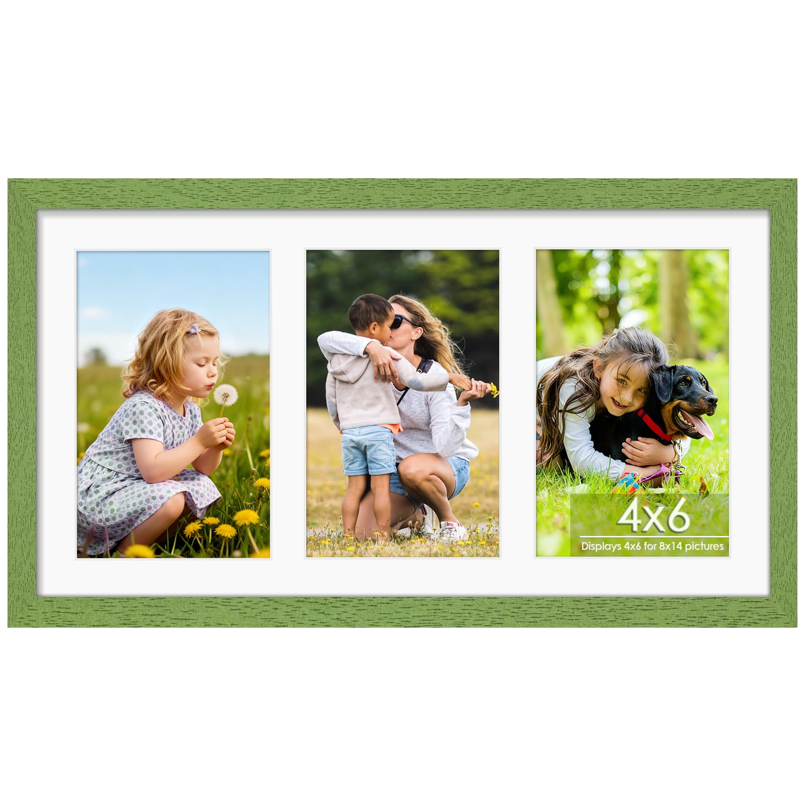DUENPY 8x14 Collage Picture Frame 4x6 Collage Picture Frame Displays Three 4x6 inch Photos or 8x14 (Without Mat) for Available Horizontal Wall Mounting Display and Vertical Green