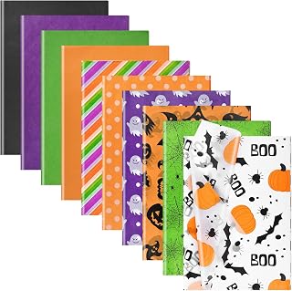 100 Sheets Halloween Tissue Paper for Gift Wrapping, Orange Purple Black Green Tissue Paper with Pumpkin Bat Ghost Boo Pattern Decorative Tissue for Halloween Party DIY Craft