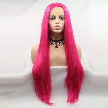 xiweiya Wigs Kylie Jenner Bright Red Wig Synthetic Lace Front Wigs Middle Part Rose Red Wig Long Straight Soft Hair Replacement Wig for Women, Drag Queen Makeup 24 inch