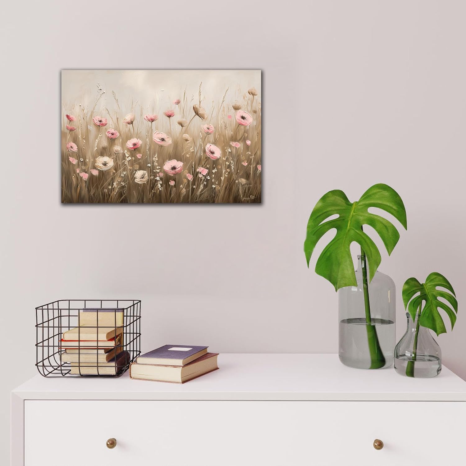 Floral Canvas Wall Art, Modern Pink and White Flower Abstract Painting Pictures for Bathroom Decor, Framed Colorful Wildflower Nature Aesthetic Landscape Prints Poster for Bedroom Artwork 18x24 Inches
