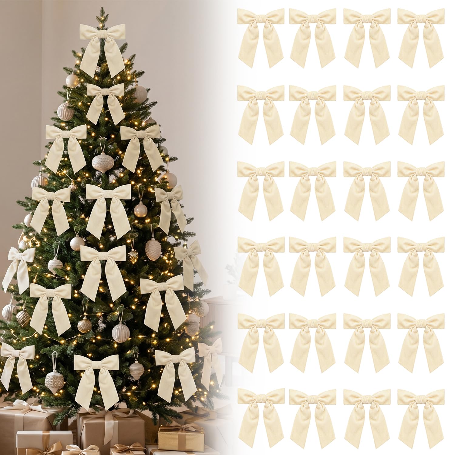 HIVTE 24 Pcs 4.7 Inch Beige Velvet Ribbon Gift Bows with Twist Ties for Christmas Wreaths, Gift Wrapping, Tree Decorations and Wedding Bows