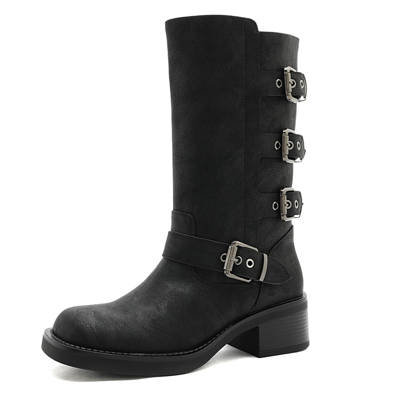 GLOBALWIN Chunky Mid Calf Fashion Dressy Motocycle Biker Military Style Combat Boots for Women Low Heel