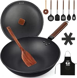 ANEDER Sartén Para Wok De Acero Al Carbono Con Tapa Y