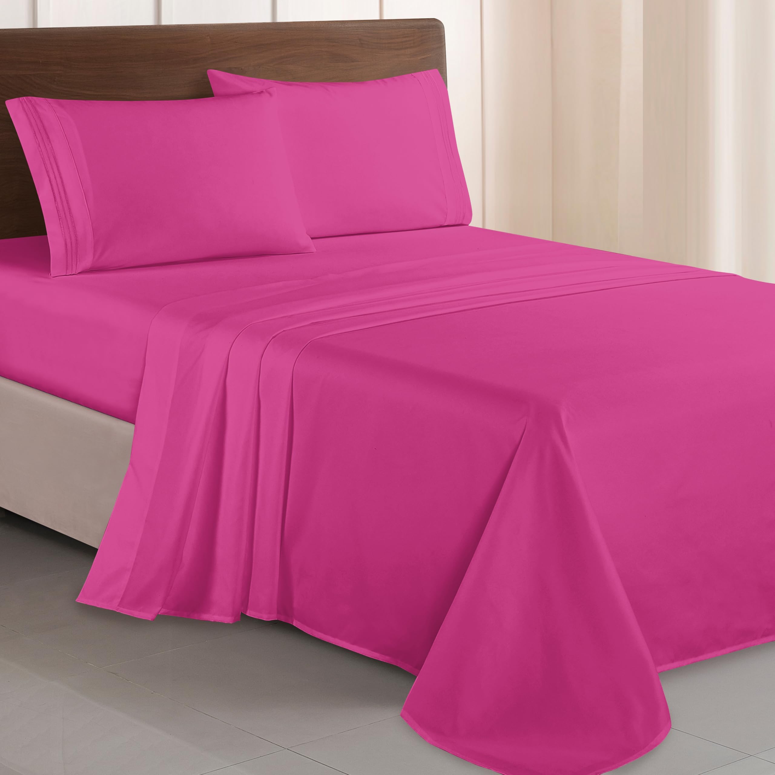 Elegant Comfort Luxurious 1500 Premium Hotel Quality Microfiber Three Line Embroidered Softest 4-Piece Bed Sheet Set, Wrinkle and Fade Resistant, Queen, Hot Pink
