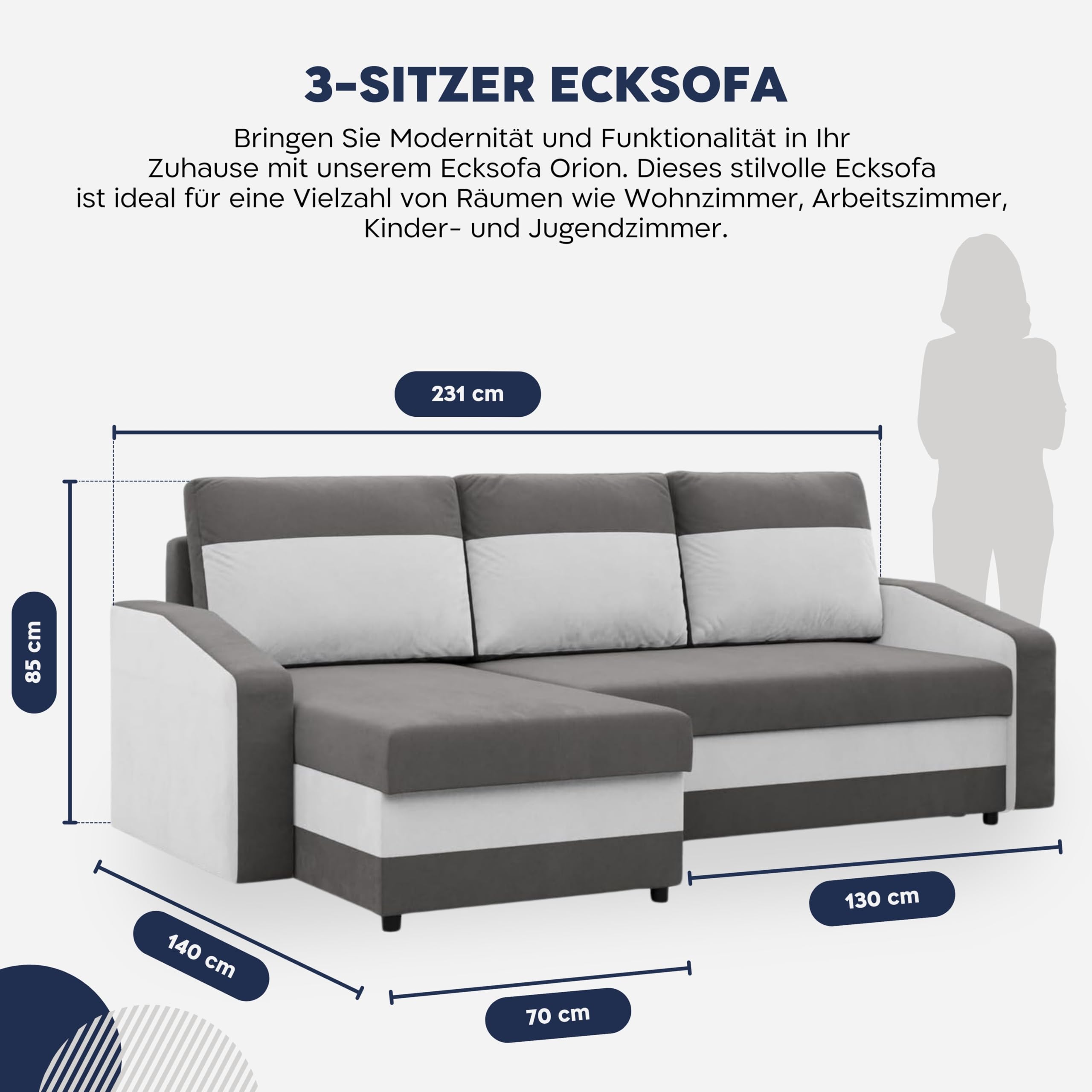Mebligo - Ecksofa mit Schlaffunktion und Bettkasten Orion, Eckcouch Universelle Seite, Sofa L Form (BxTxH) 231 x 140 x 85 cm, Couch Wohnzimmer, Ecke Sofa, Dunkelbraun + Braun (Mikro 20 + Mikro 48)