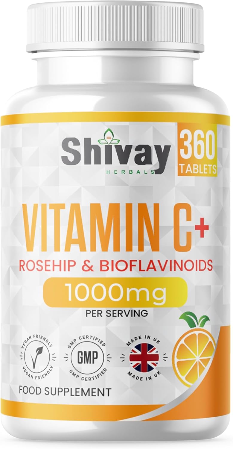 Vitamin C 1000mg per Serving | 360 Vegan Tablets – 6 Month Supply | Vitamin C with Rosehip and Bioflavonoids | High Strength Immune System and Energy Supplement | Made in The UK by Shivay Herbals