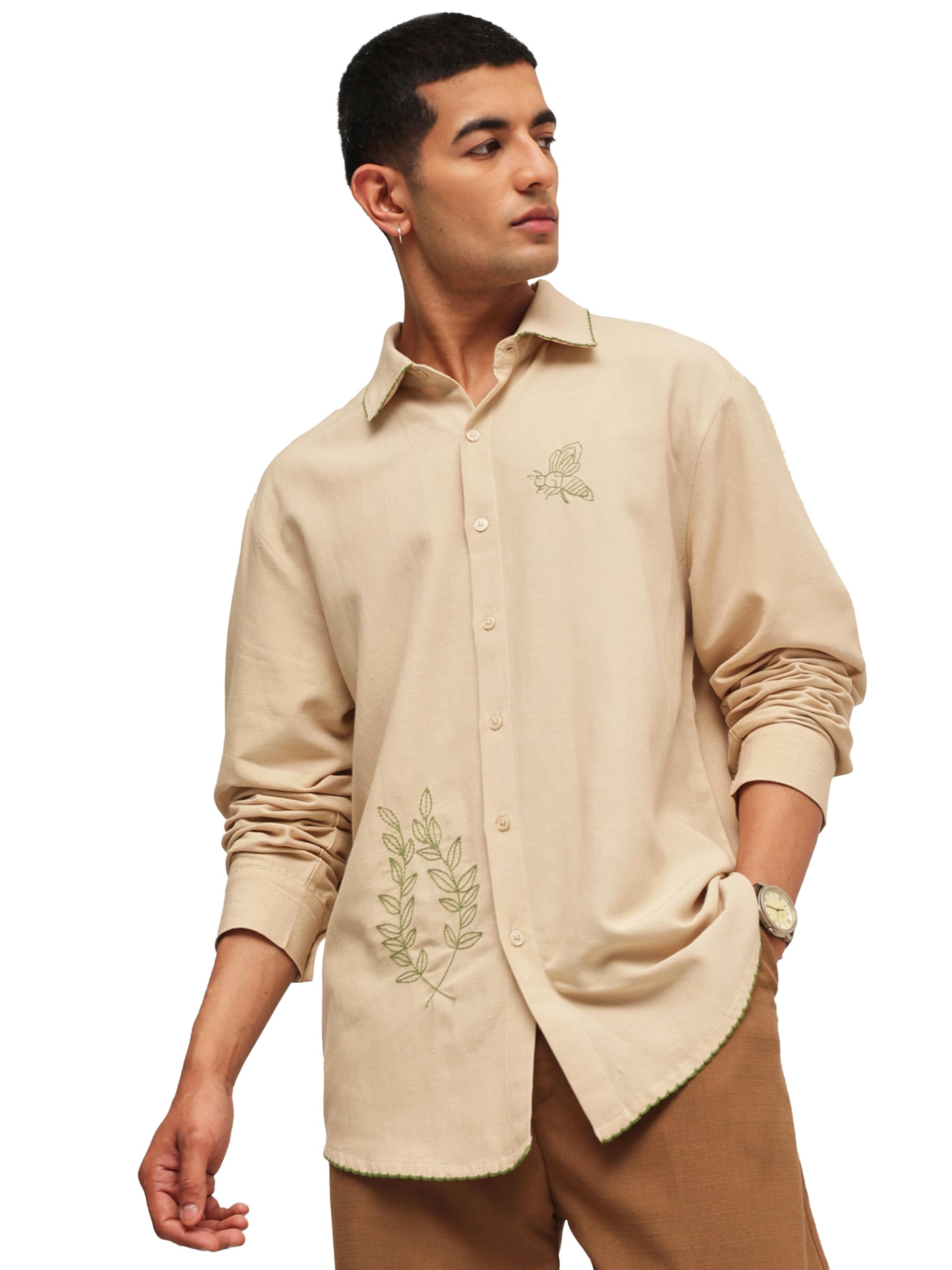 SASSAFRAS Men Linen Bug Embroidery Relax Fit Full Sleeve Shirt in neutral