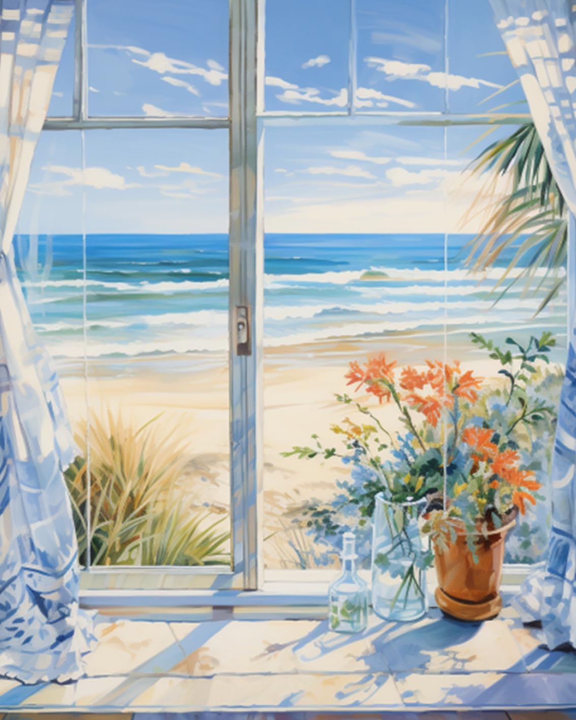 Pintura por números paisaje ventana playa lienzo de flores para adultos y niños principiantes