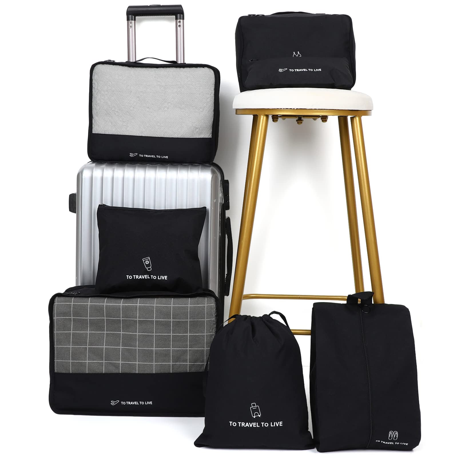 Holibanna 7pezzi Organizer Da Viaggio Cubi Pieghevoli Impermeabili Per Abbigliamento e Accessori Da Valigia Sacchetti Salvaspazio Nero Per Vacanze e Viaggi Affari