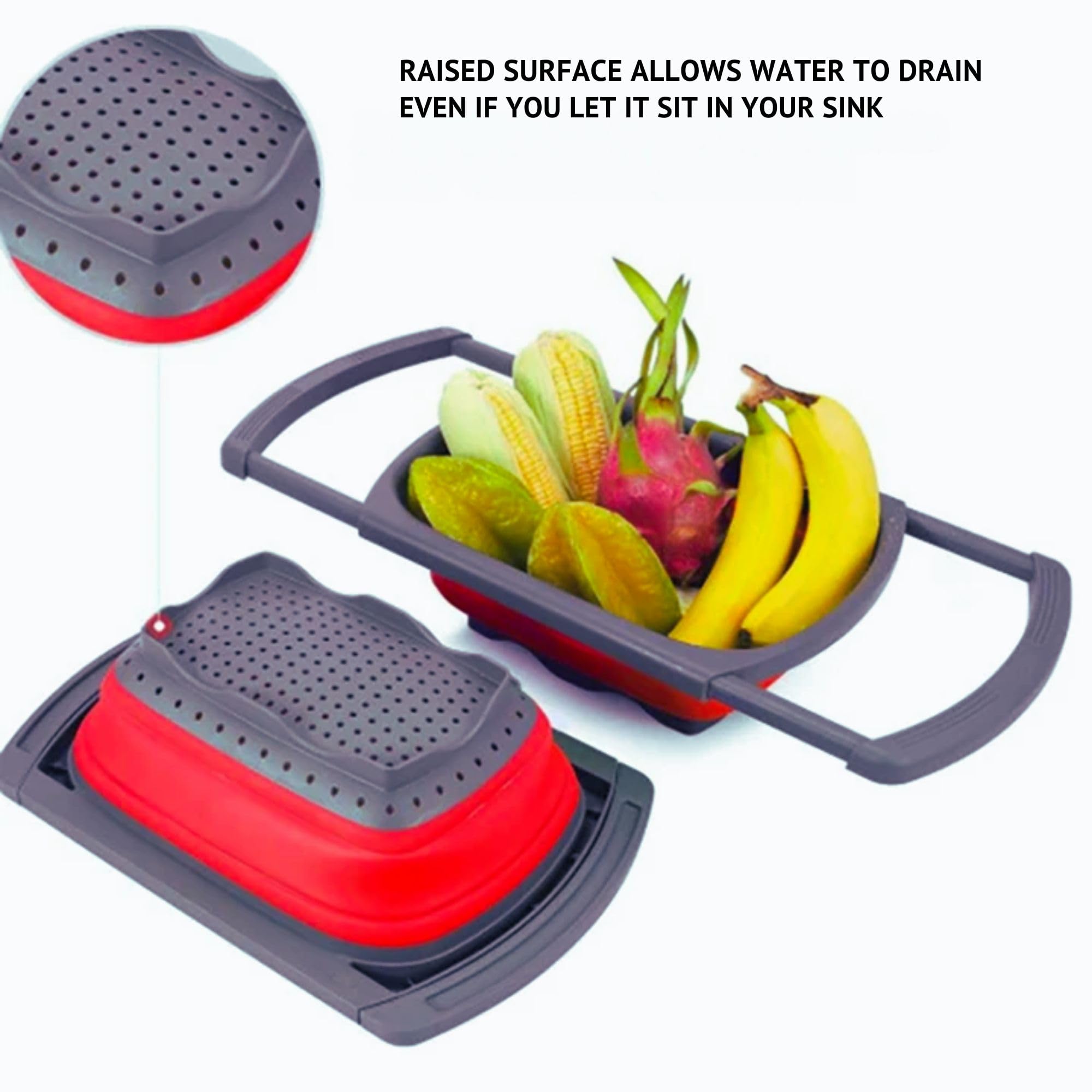 Scolapasta pieghevole – Colino e scolapasta in silicone con manici estensibili con 3 set di pelapatate – uso per verdure, frutta e pasta, colino pieghevole, 15,8 l, rosso