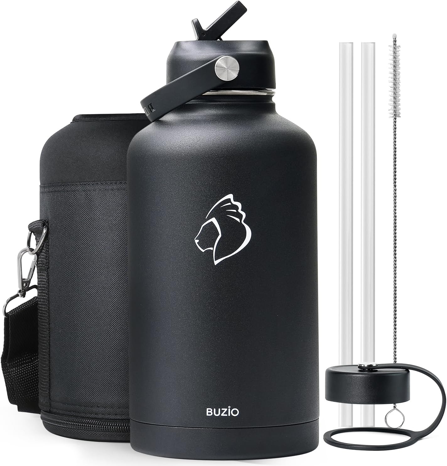 BUZIO Insulated Water Bottle with Straw and Flex Lid, Double Wall Vacuum Insulated Stainless Steel Water Bottle and Wide Mouth, Cold for 48 Hrs Hot for 24 Hrs