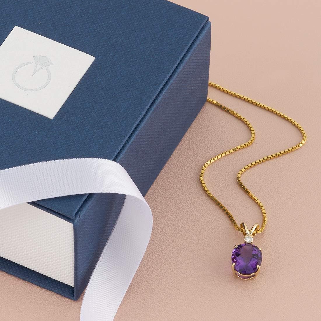 PEORA 14K Yellow Gold Amethyst and Diamond Pendant for Women, Genuine Gemstone Elegant Solitaire, Oval Shape, 10x8mm, 2 Carats total, Real Necklace, February Birthstone