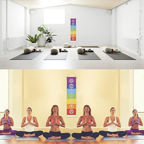 Miniatura 7 de Póster colgante de lienzo para meditación, 7 chakras, mandala, yoga, pintura | Tapiz de yoga para colgar en la pared con 1 borla, decoración de