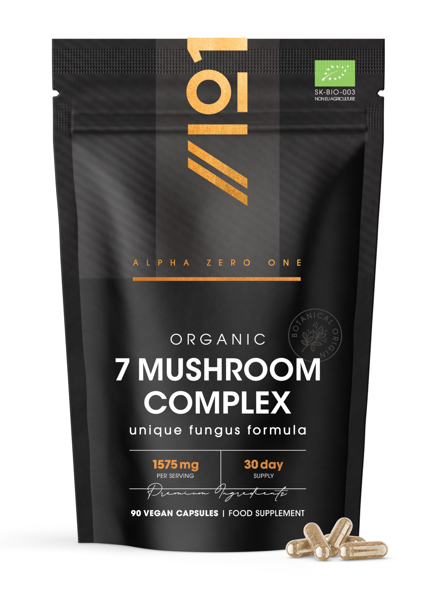 Organic Mushroom Complex 1575mg - 90 Capsules - Reishi, Cordyceps, Lion's Mane, White Fungus, Maitake, Shitake & Chaga (1 Month Supply) by Alpha01