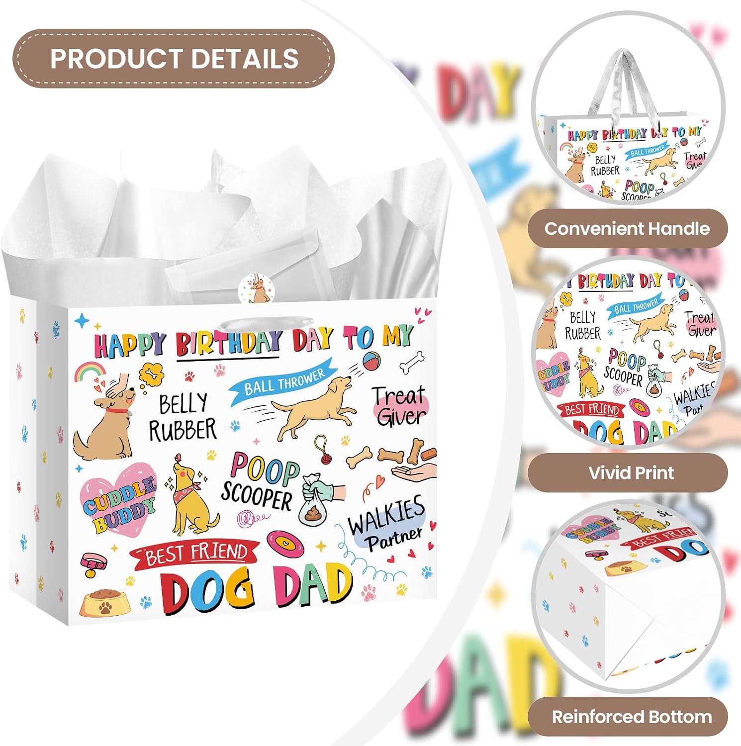 Joviwrap Dog Dad Birthday Gift Bag Set for Men, Funny Pet Lover Gift Wrapping Bag with Tissue Paper Card Envelope Sticker, Humor Birthday Present Packaging for Husband Boyfriend Dad Brother Dog Owner image 3