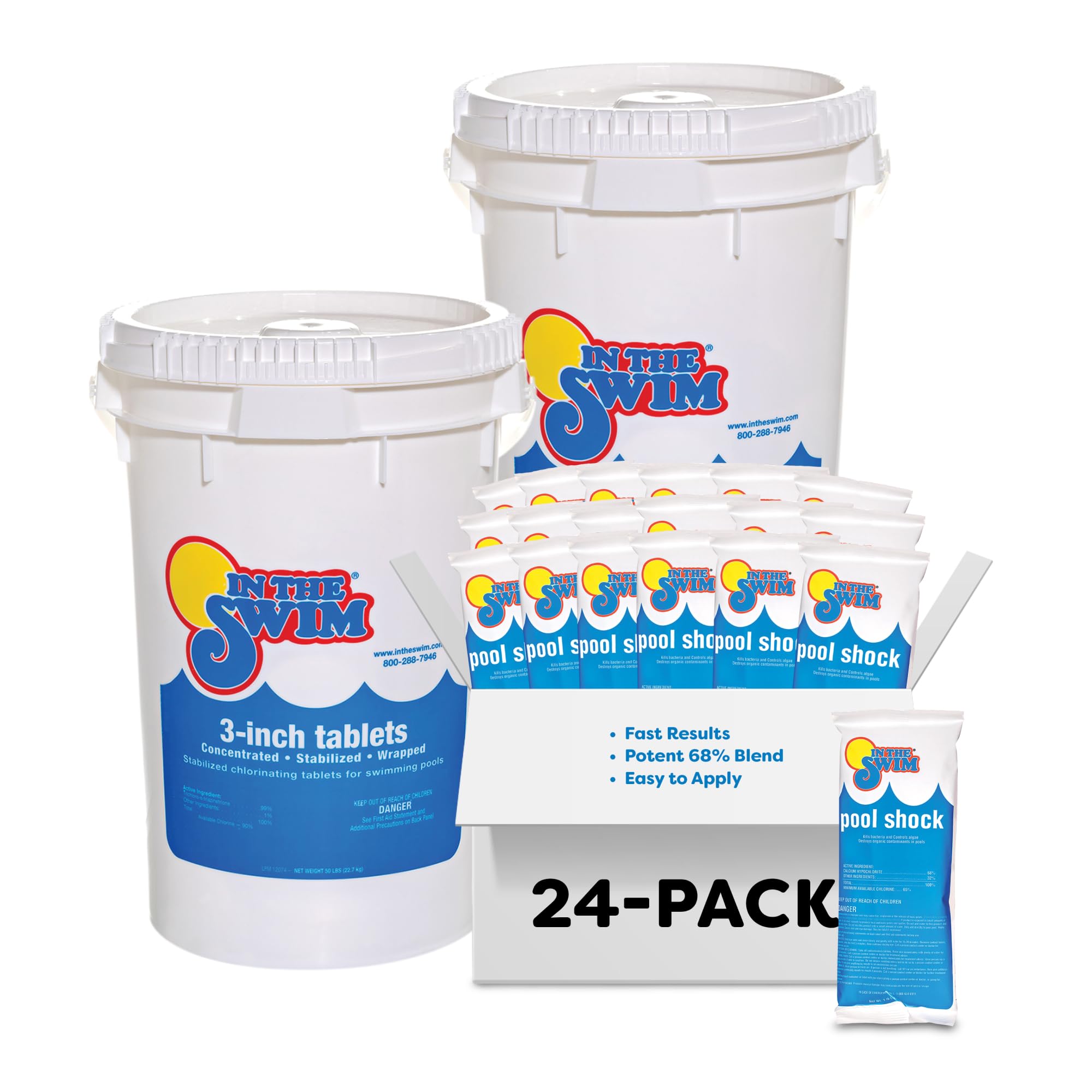 In The Swim Chlorine and Shock Bundle for Sanitizing Swimming Pools – Includes (2) 50 Pound Buckets of 3 Inch Stabilized Chlorine Tablets and 24 x 1 Pound Bags of 68% Cal-Hypo Pool Shock