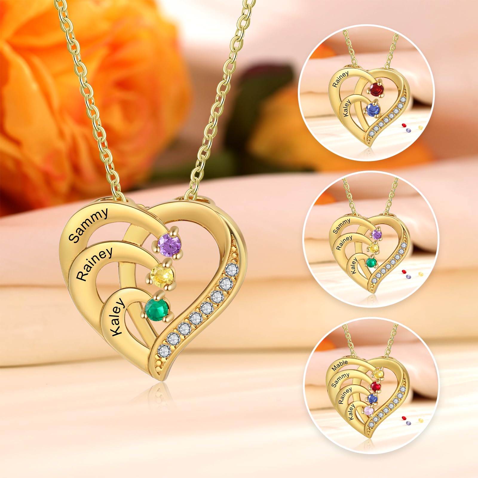 lorajewel Rosa Eterna Caja con Collar Plata 925 - Corazón Collar Personalizado para Mujer con Nombre Piedra natal - Regalo para Navidad, San Valentín, Día de la Madre,Cumpleaños