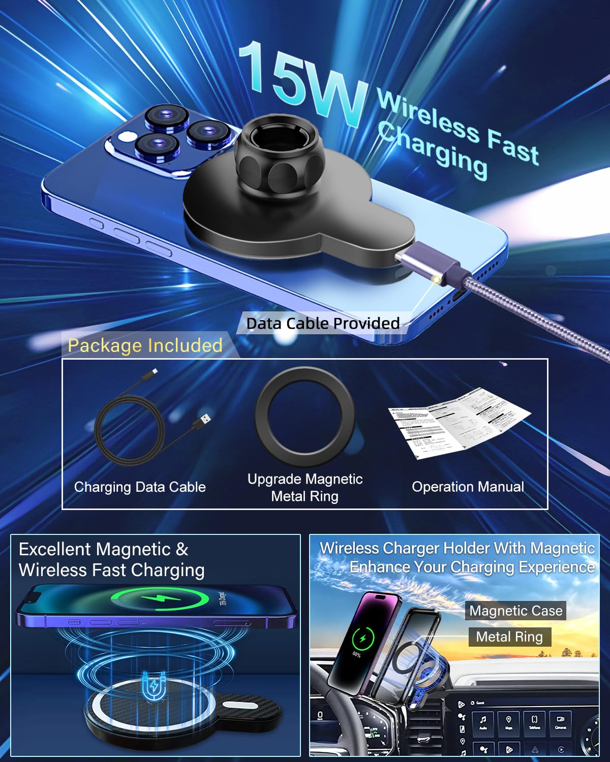 Supporto per telefono da auto per Toyota C-HR CHR 2019 2020 2021 2022 Accessori Schermo da 8 pollici Rotazione a 360 ° Culla per smartphone Supporto magnetico 15W Caricabatterie wireless veloce
