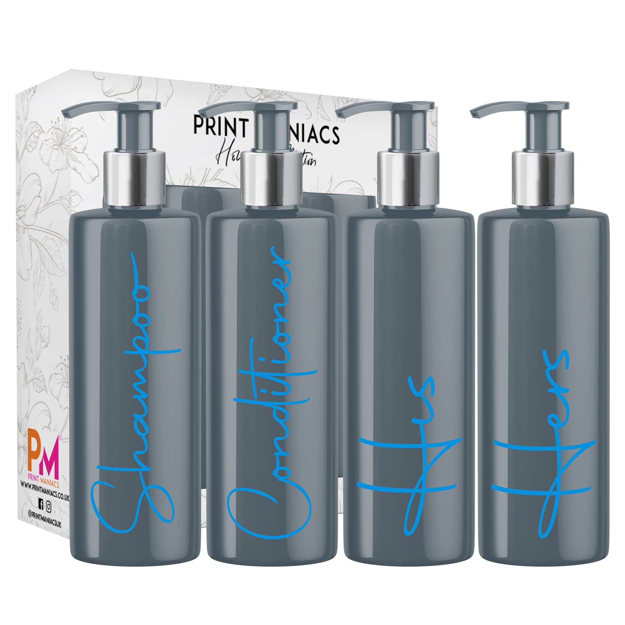 Print Maniacs Grey Mrs Hinch Inspired Personalised 500ml Pump Bottles Bathroom Lotion Kitchen Set Shampoo Conditioner Body Wash F2 (Blue, Shamp,Cond, His, Hers) — image 1
