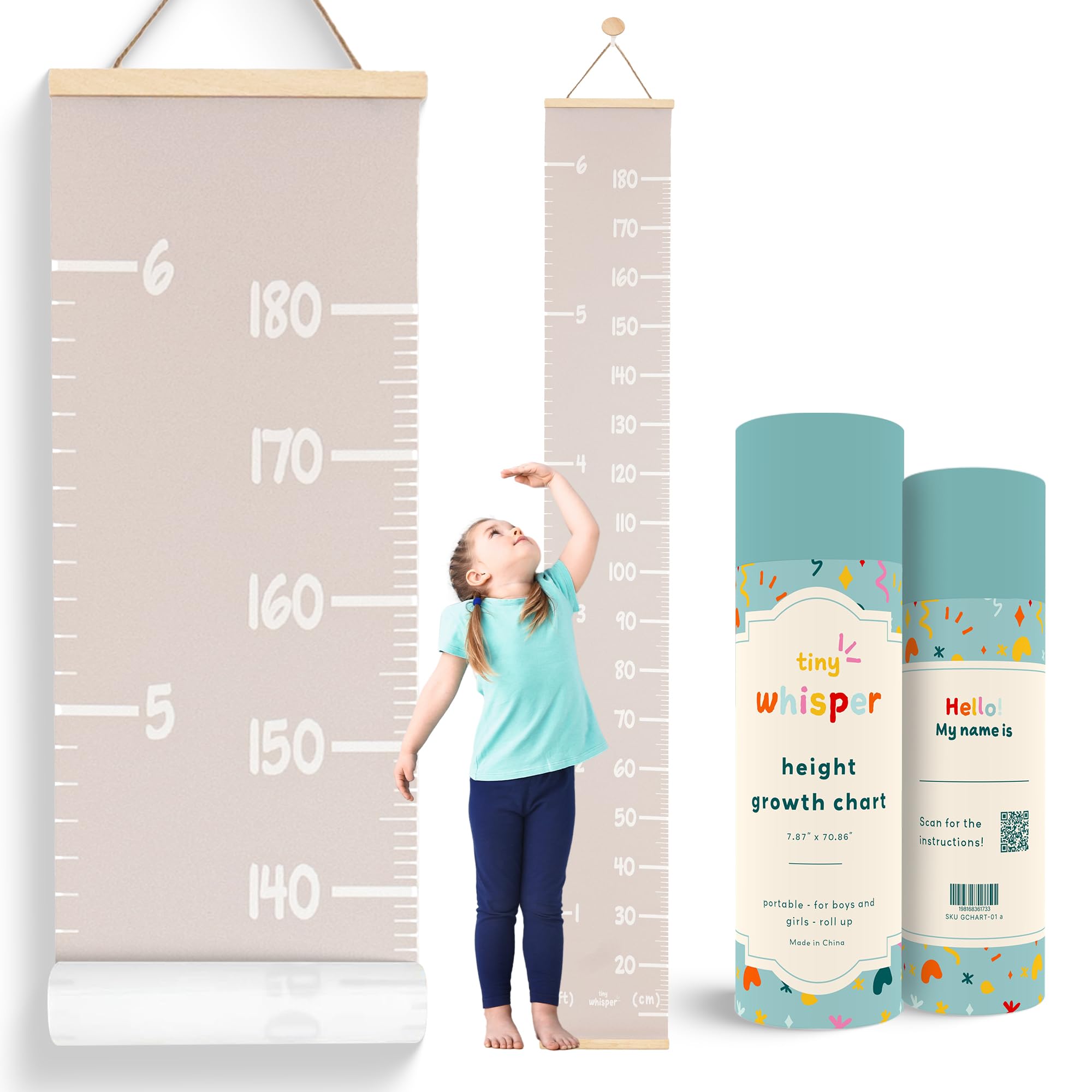 Growth Chart for Wall with Stickers, Marker, Hook Hanging Height Chart for Kids Neutral Kids Wall Decor for Boys & Girls - Easy to Install in Baby Room, Nursery, Playroom - Child-Safe